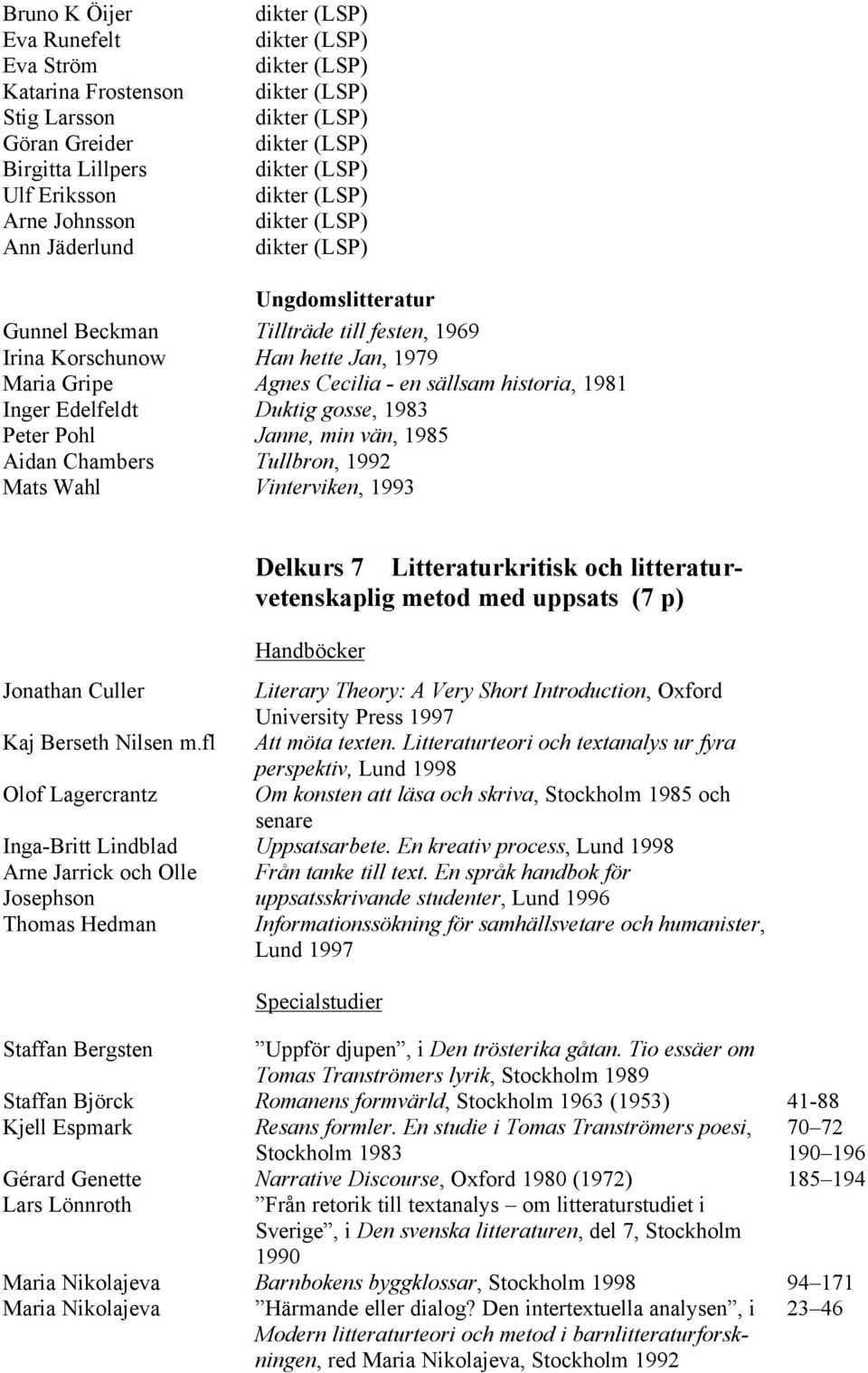 Wahl Vinterviken, 1993 Delkurs 7 Litteraturkritisk och litteraturvetenskaplig metod med uppsats (7 p) Handböcker Jonathan Culler Literary Theory: A Very Short Introduction, Oxford University Press
