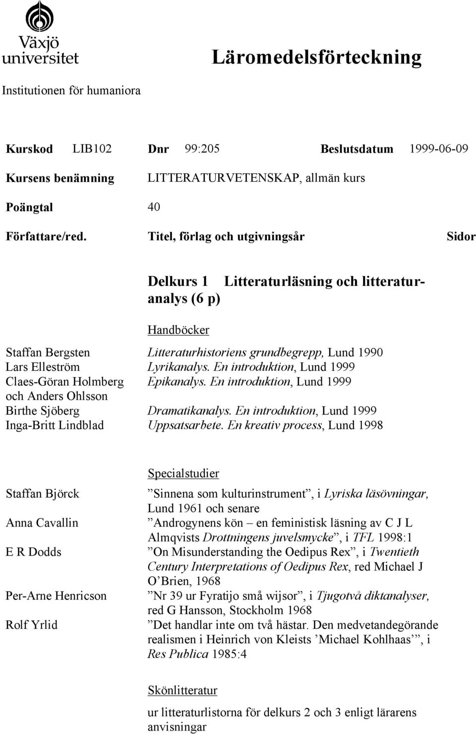 En introduktion, Lund 1999 Claes-Göran Holmberg Epikanalys. En introduktion, Lund 1999 och Anders Ohlsson Birthe Sjöberg Dramatikanalys. En introduktion, Lund 1999 Inga-Britt Lindblad Uppsatsarbete.