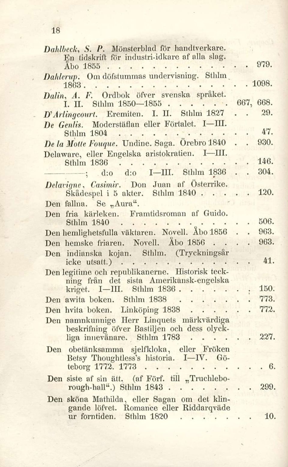 Engelska aristokratien I III Sthlm 1836 146 Delarigne, Casimir Don Juan af Österrike Skådespel i 5 akter Sthlm 1840 120 Den fallna Se Aura" Den fria kärleken Framtidsroman af Guido Sthlm 1840 506 Den