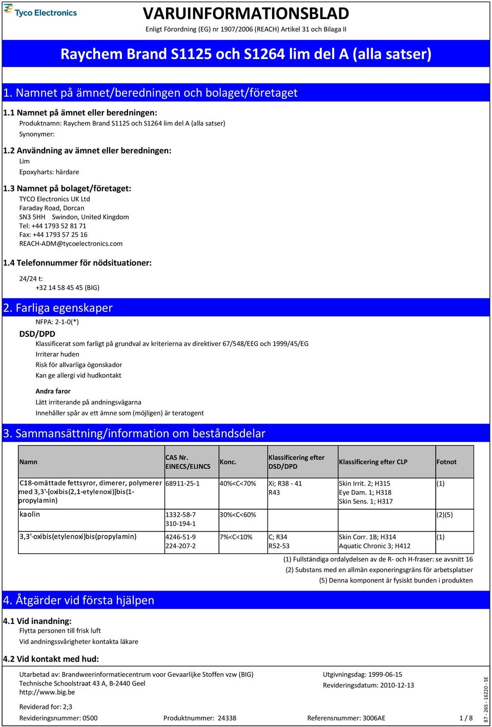 3 Namnet på bolaget/företaget: TYCO Electronics UK Ltd Faraday Road, Dorcan SN3 5HH Swindon, United Kingdom Tel: +44 1793 52 81 71 Fax: +44 1793 57 25 16 REACHADM@tycoelectronics.com 1.