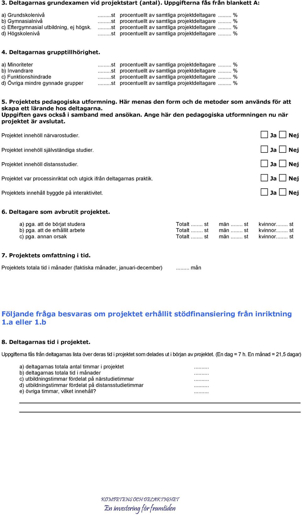 ..st procentuellt av samtliga projektdeltagare... % 4. Deltagarnas grupptillhörighet. a) Minoriteter...st procentuellt av samtliga projektdeltagare... % b) Invandrare.