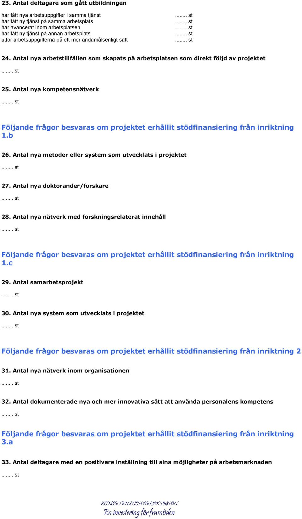 Antal nya metoder eller system som utvecklats i projektet 27. Antal nya doktorander/forskare 28. Antal nya nätverk med forskningsrelaterat innehåll 1.c 29. Antal samarbetsprojekt 30.