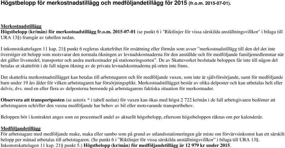 21 punkt 6 regleras skattefrihet för ersättning eller förmån som avser merkostnadstillägg till den del det inte överstiger ett belopp som motsvarar den normala ökningen av levnadskostnaderna för den