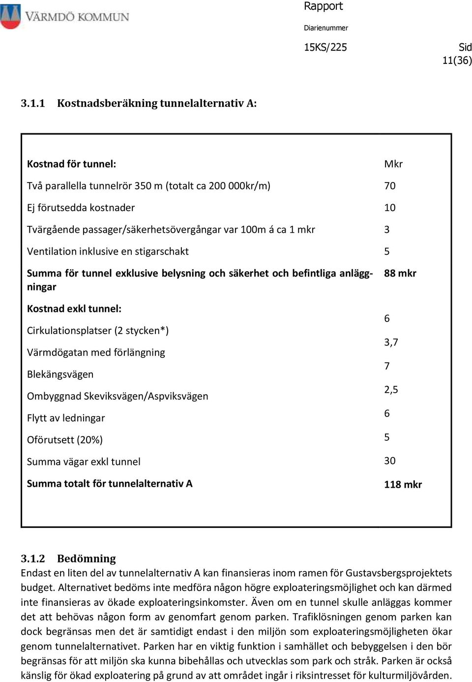 Värmdögatan med förlängning Blekängsvägen Ombyggnad Skeviksvägen/Aspviksvägen Flytt av ledningar Oförutsett (20%) Summa vägar exkl tunnel Summa totalt för tunnelalternativ A 88 mkr 6 3,7 7 2,5 6 5 30