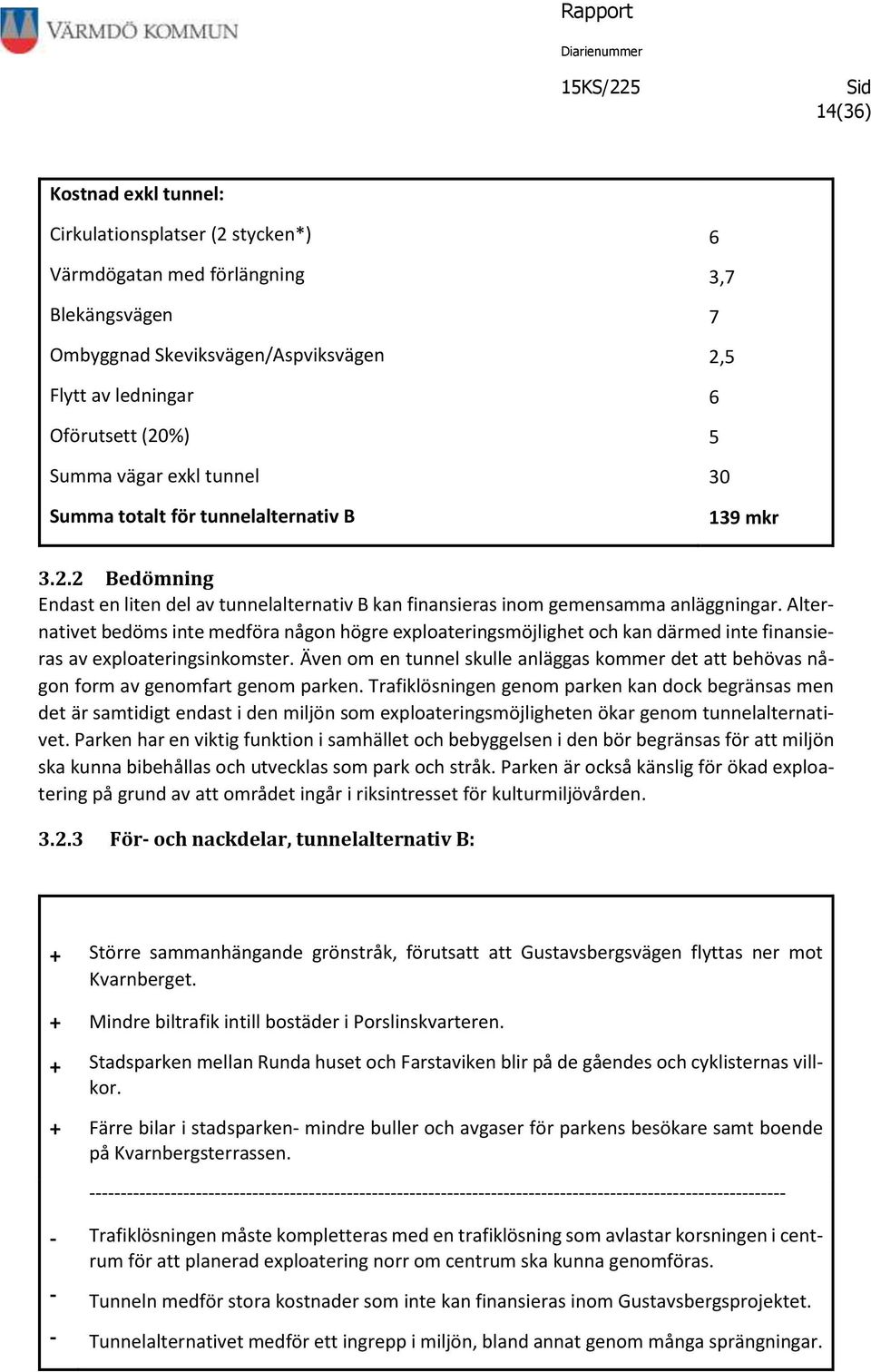 Alternativet bedöms inte medföra någon högre exploateringsmöjlighet och kan därmed inte finansieras av exploateringsinkomster.