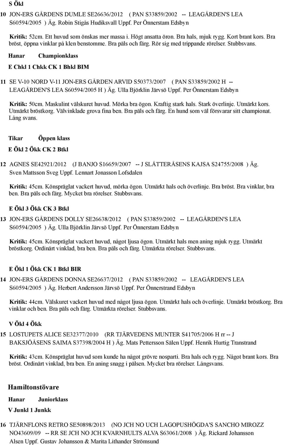 Championklass E Chkl 1 Chkk CK 1 Bhkl BIM 11 SE V-10 NORD V-11 JON-ERS GÅRDEN ARVID S50373/2007 ( PAN S33859/2002 H -- LEAGÅRDEN'S LEA S60594/2005 H ) Äg. Ulla Björklin Järvsö Uppf.