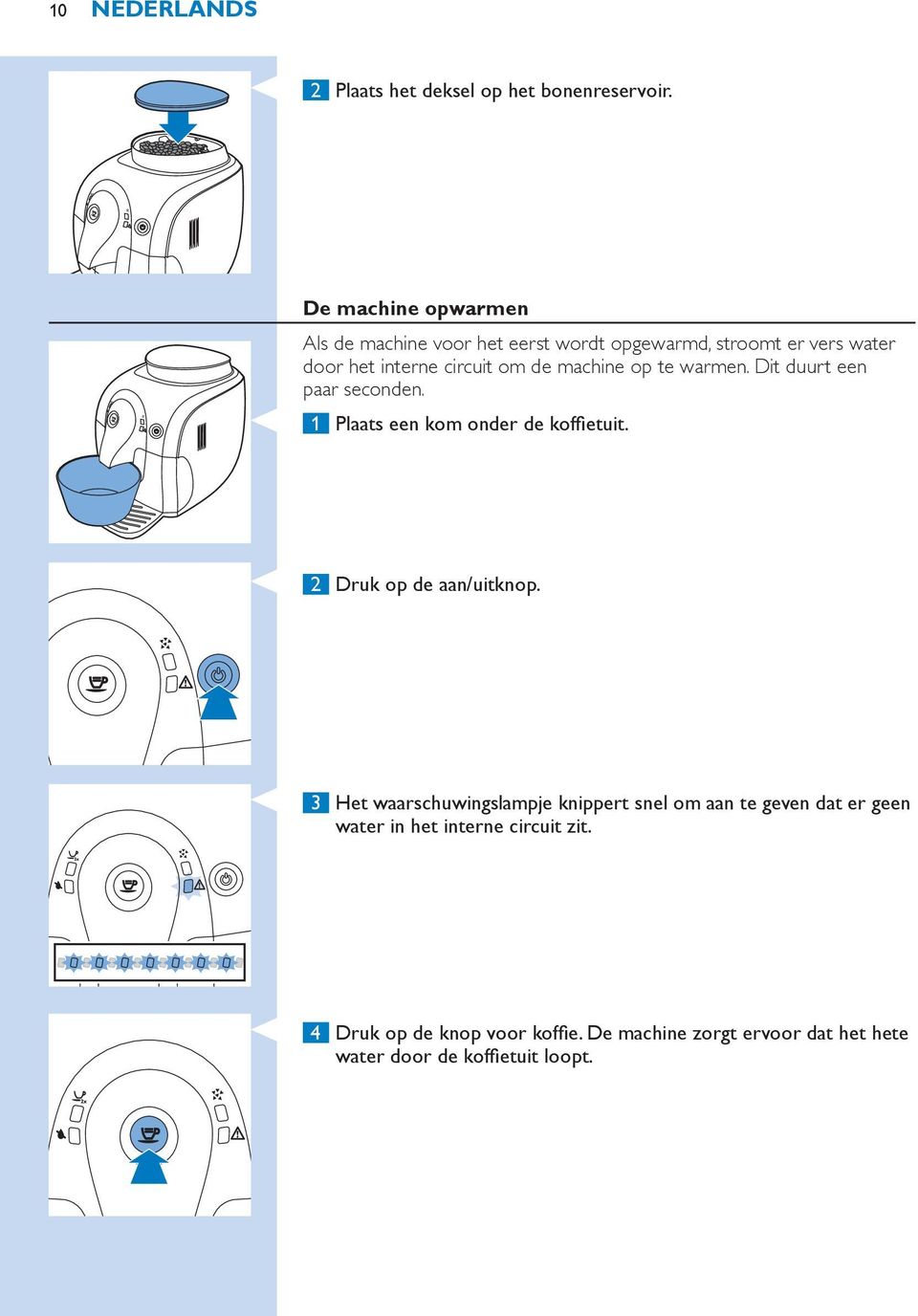 machine op te warmen. Dit duurt een paar seconden. 1 Plaats een kom onder de koffietuit. 2 Druk op de aan/uitknop.