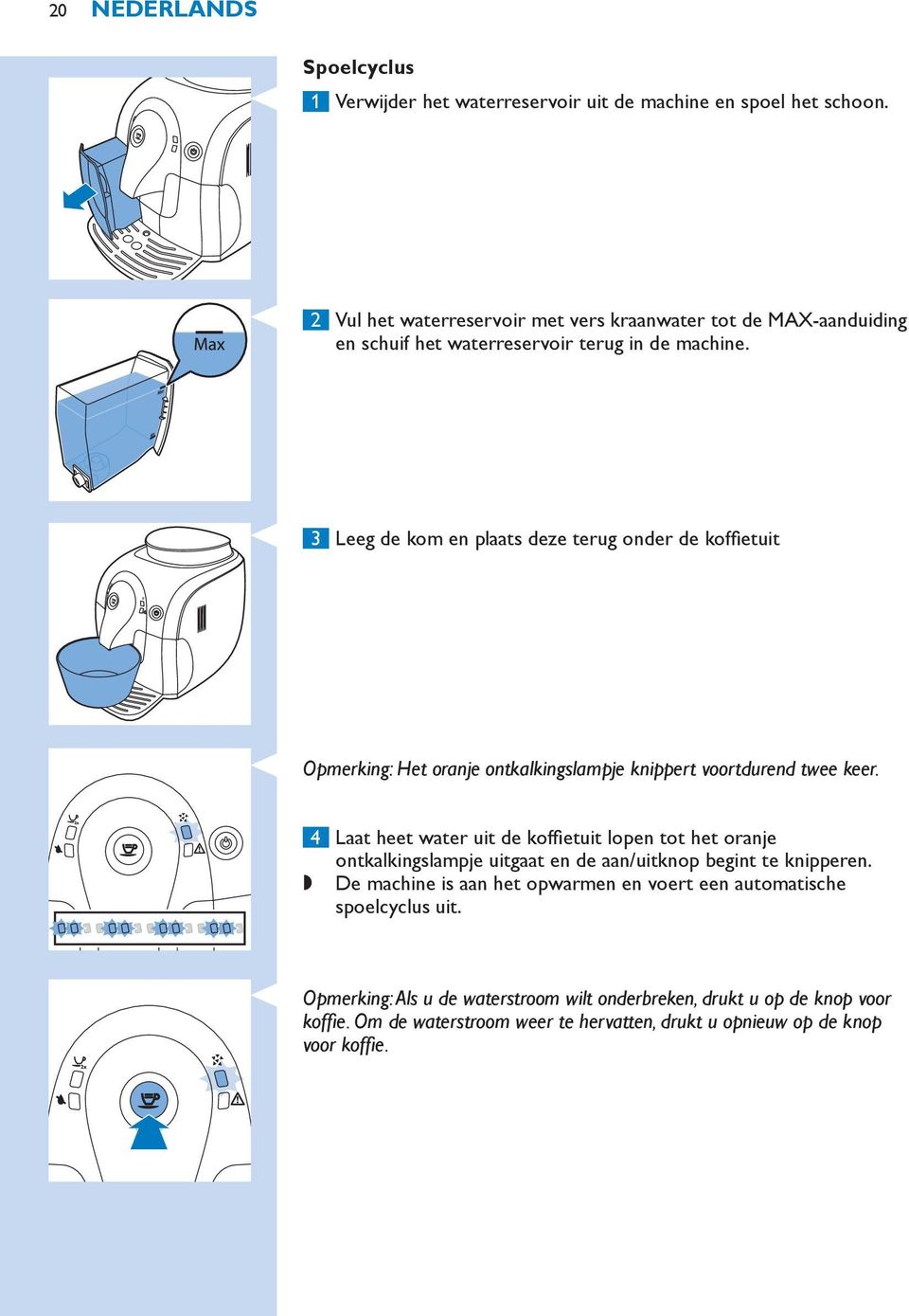 3 Leeg de kom en plaats deze terug onder de koffietuit Opmerking: Het oranje ontkalkingslampje knippert voortdurend twee keer.