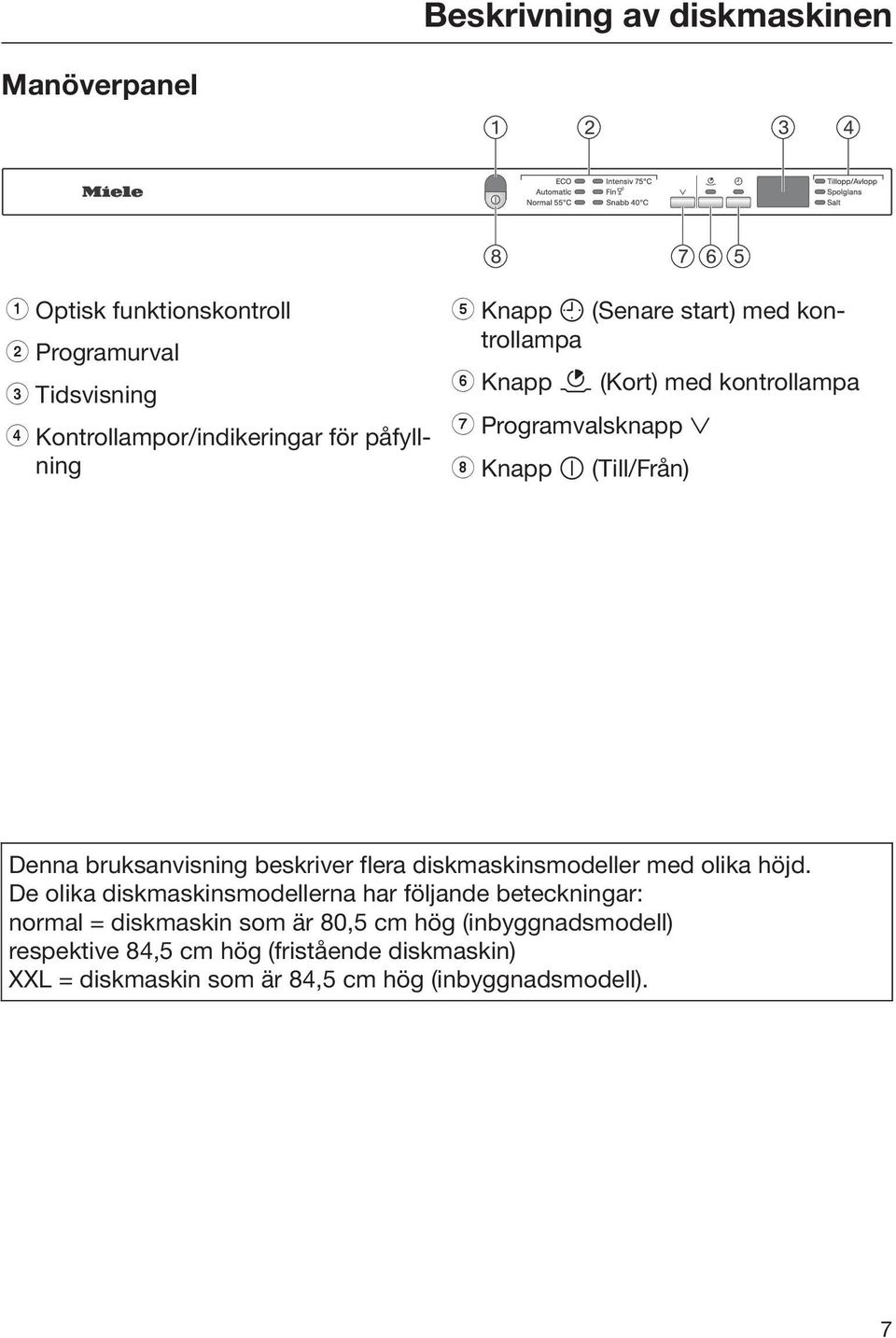 bruksanvisning beskriver flera diskmaskinsmodeller med olika höjd.