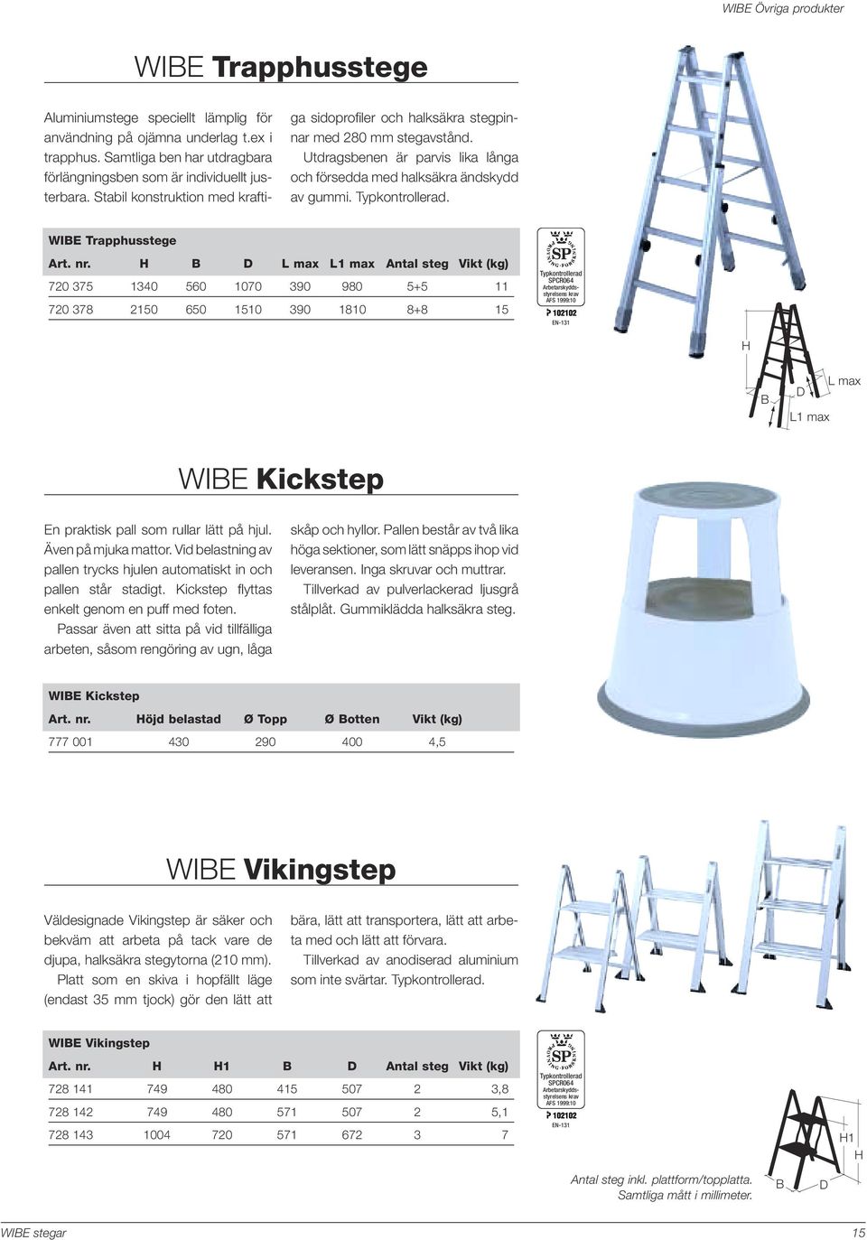 nr. L max L1 max Antal steg Vikt (kg) 720 375 1340 560 1070 390 980 5+5 11 720 378 2150 650 1510 390 1810 8+8 15 EN-131 L1 max L max WIE Kickstep En praktisk pall som rullar lätt på hjul.