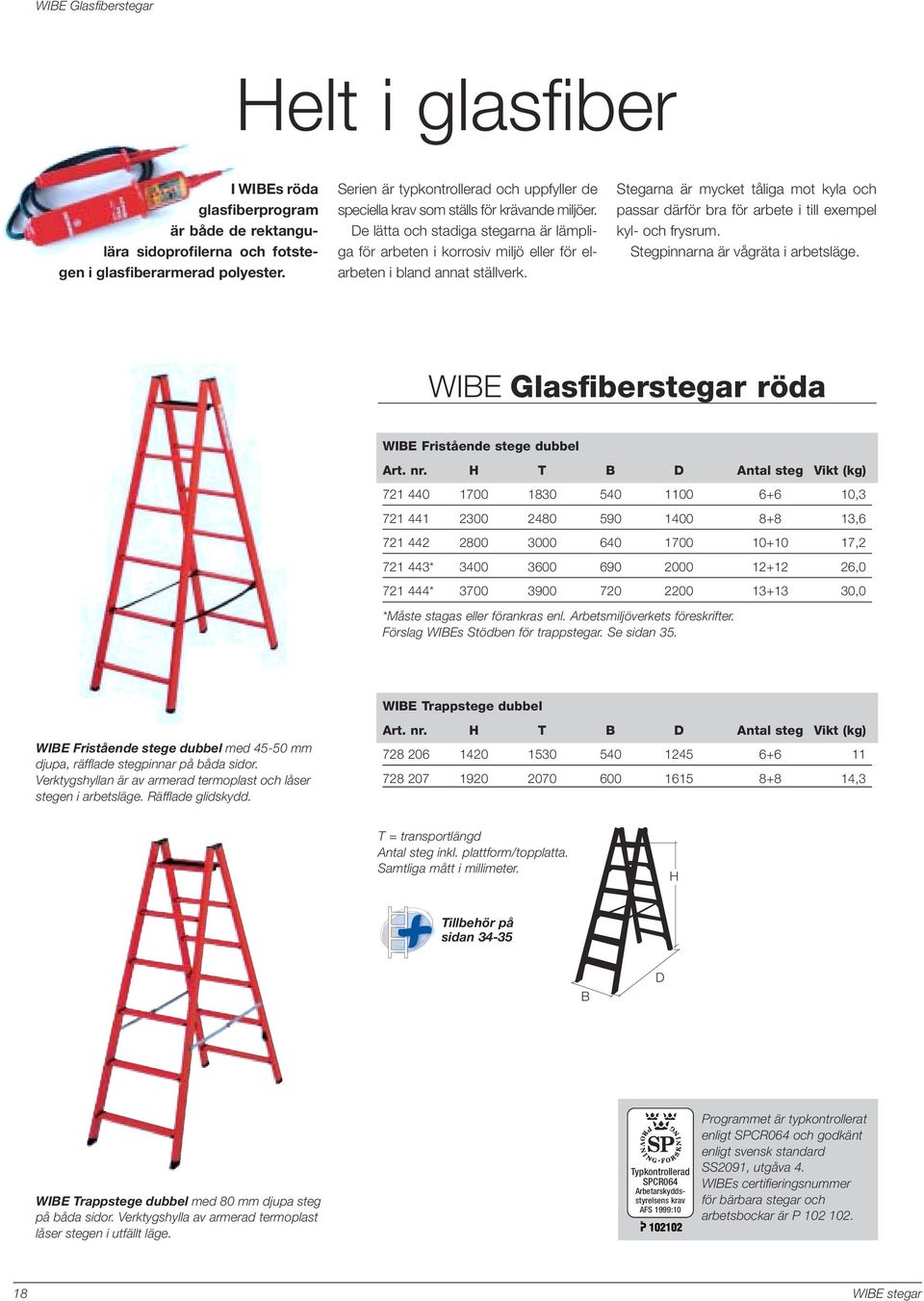 Stegarna är mycket tåliga mot kyla och passar därför bra för arbete i till exempel kyl- och frysrum. Stegpinnarna är vågräta i arbetsläge. WIE Glasfiberstegar röda WIE Fristående stege dubbel Art. nr.