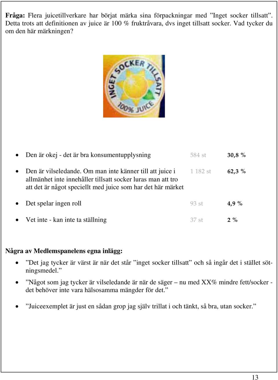 Om man inte känner till att juice i 1 182 st 62,3 % allmänhet inte innehåller tillsatt socker luras man att tro att det är något speciellt med juice som har det här märket Det spelar ingen roll 93 st