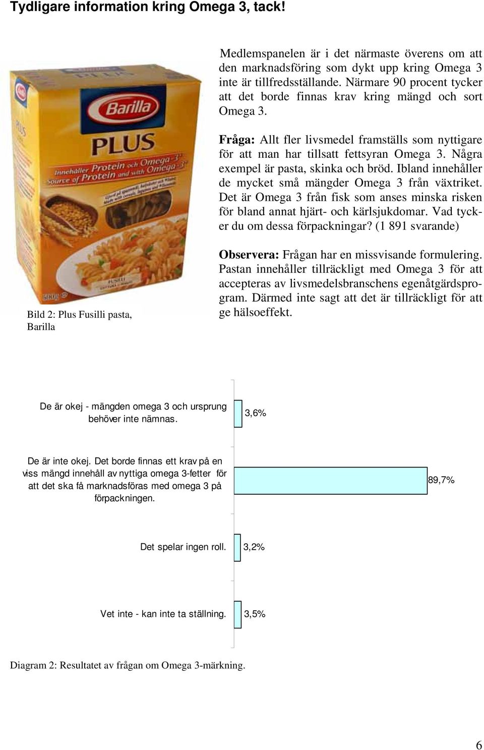 Några exempel är pasta, skinka och bröd. Ibland innehåller de mycket små mängder Omega 3 från växtriket. Det är Omega 3 från fisk som anses minska risken för bland annat hjärt- och kärlsjukdomar.