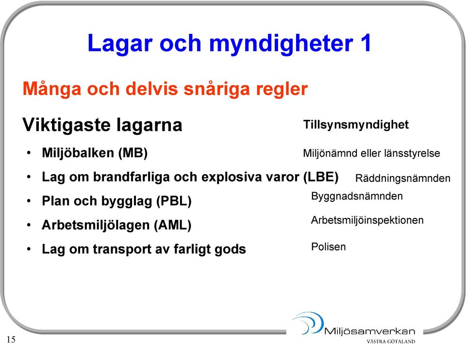 brandfarliga och explosiva varor (LBE) Plan och bygglag (PBL) Arbetsmiljölagen