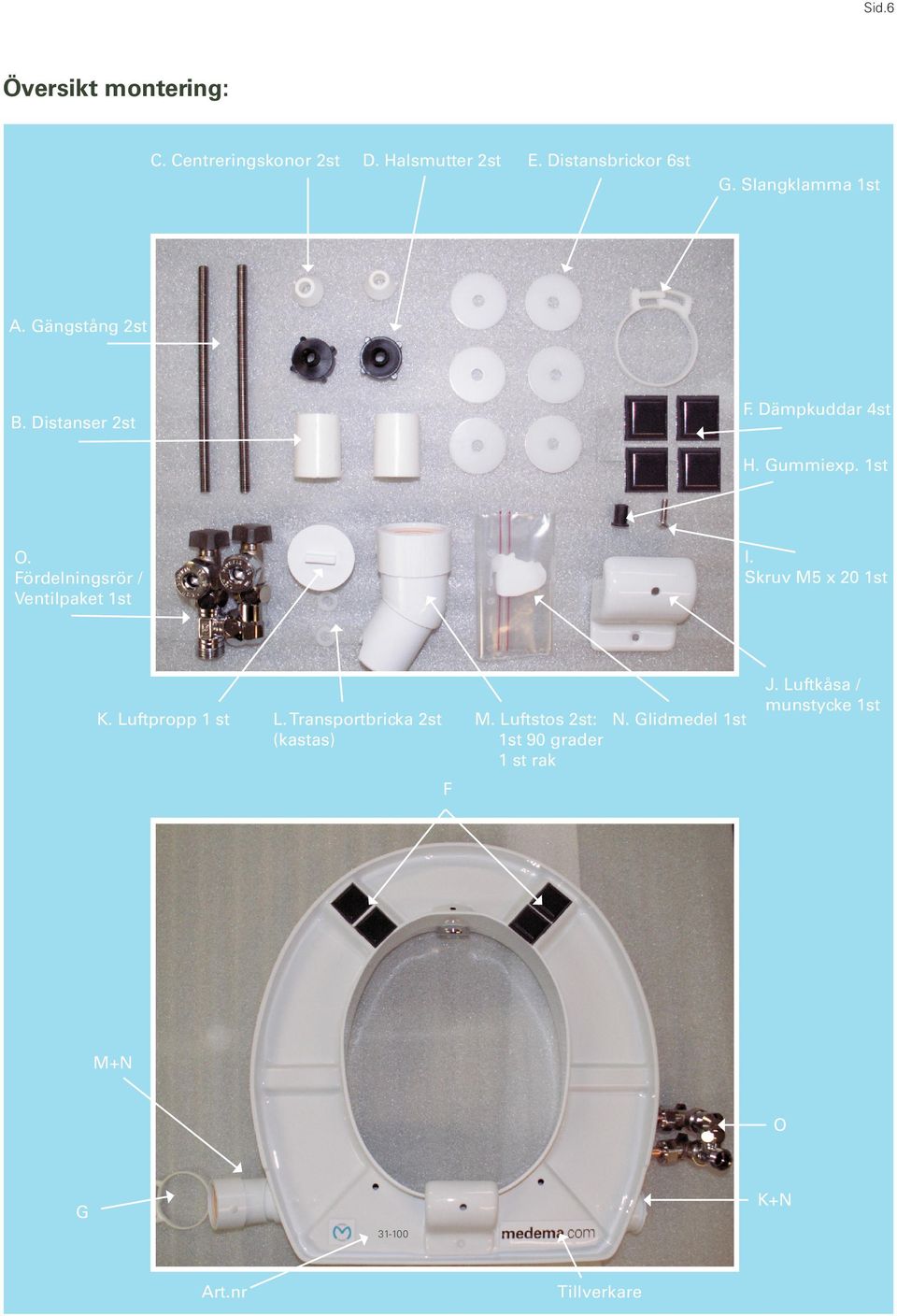 Fördelningsrör / Ventilpaket 1st I. Skruv M5 x 20 1st K. Luftpropp 1 st L.