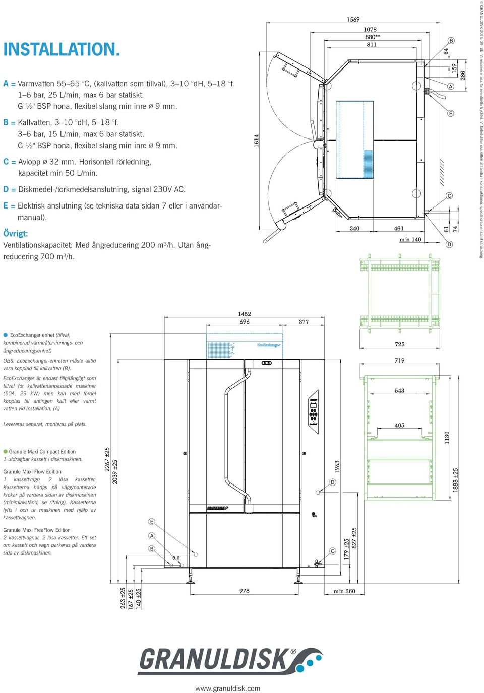 D = Diskmedel-/torkmedelsanslutning, signal 230V AC. E = Elektrisk anslutning (se tekniska data sidan 7 eller i användarmanual). Övrigt: Ventilationskapacitet: Med ångreducering 200 m³/h.