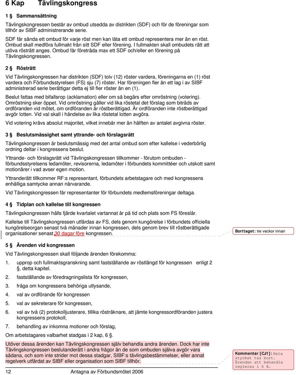 I fullmakten skall ombudets rätt att utöva rösträtt anges. Ombud får företräda max ett SDF och/eller en förening på Tävlingskongressen.