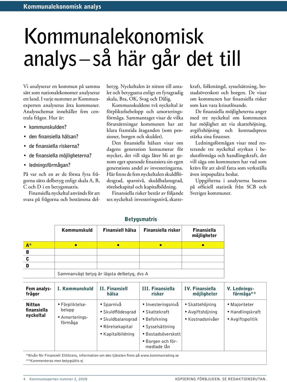 de finansiella möjligheterna? ledningsförmågan? På var och en av de första fyra frågorna sätts delbetyg enligt skala A, B, C och D i en betygsmatris.