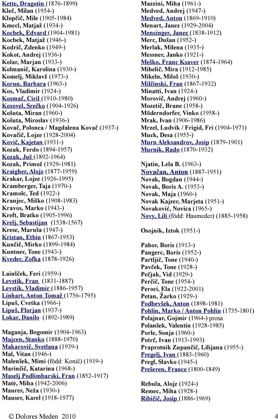 Miroslav (1936-) Kovač, Polonca / Magdalena Kovač (1937-) Kovačič, Lojze (1928-2004) Kovič, Kajetan (1931-) Kozak, Ferdo (1894-1957) Kozak, Juš (1892-1964) Kozak, Primož (1929-1981) Kraigher, Alojz