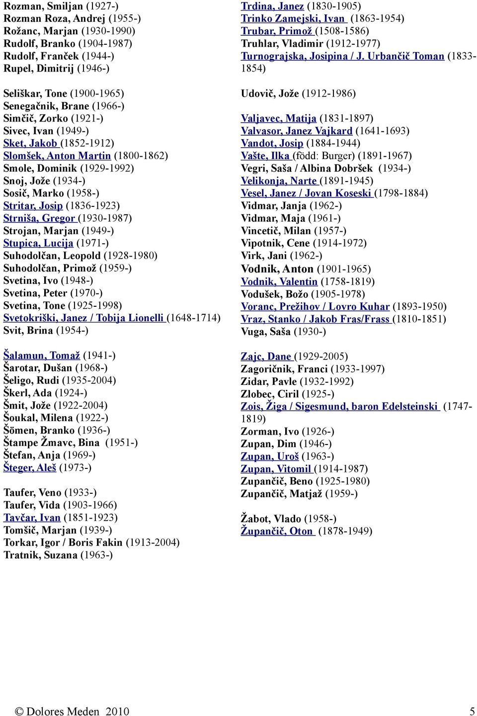 Urbančič Toman (18331854) Seliškar, Tone (1900-1965) Senegačnik, Brane (1966-) Simčič, Zorko (1921-) Sivec, Ivan (1949-) Sket, Jakob (1852-1912) Slomšek, Anton Martin (1800-1862) Smole, Dominik
