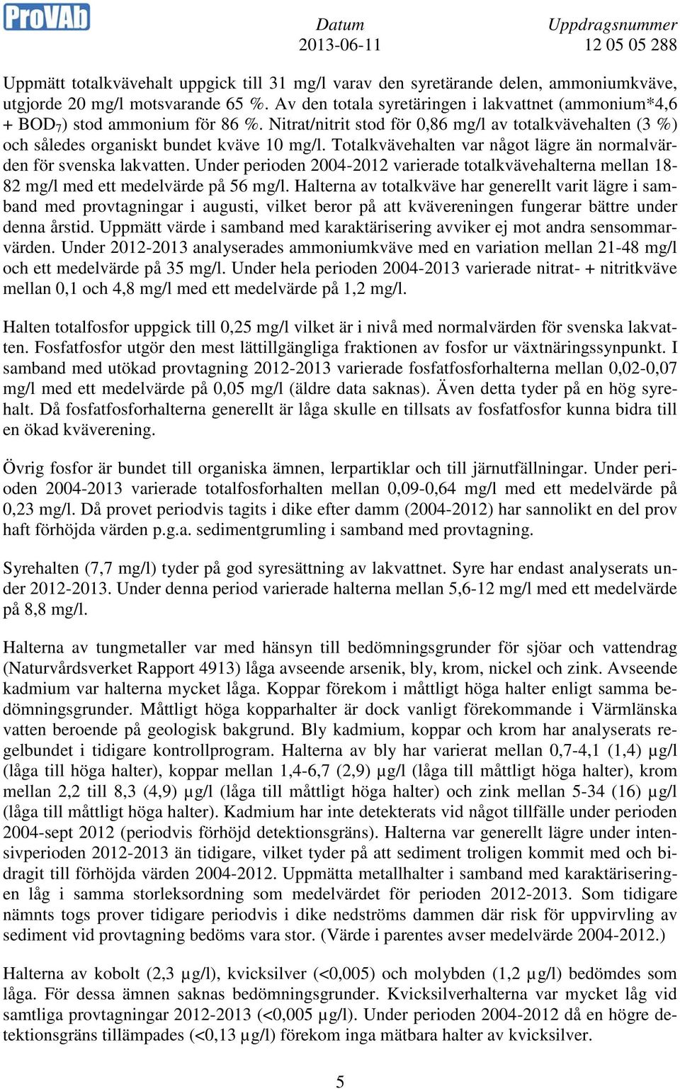 Totalkvävehalten var något lägre än normalvärden för svenska lakvatten. Under perioden 2004-2012 varierade totalkvävehalterna mellan 18-82 mg/l med ett medelvärde på 56 mg/l.