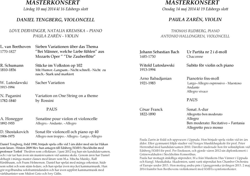 - Nicht schnell.- Nicht zu rasch.- Stark und markiert W. Lutoslawski Sacher Variation 1913-1994 N. Paganini Variation on One String on a theme 1782-1840 by Rossini A.