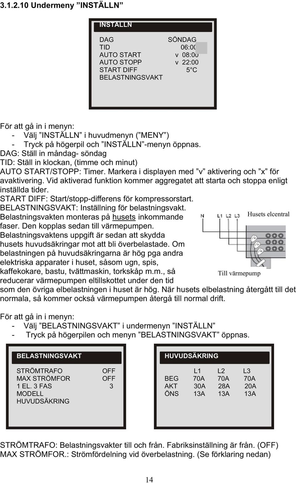 högerpil och INSTÄLLN -menyn öppnas. DAG: Ställ in måndag- söndag TID: Ställ in klockan, (timme och minut) AUTO START/STOPP: Timer. Markera i displayen med v aktivering och x för avaktivering.