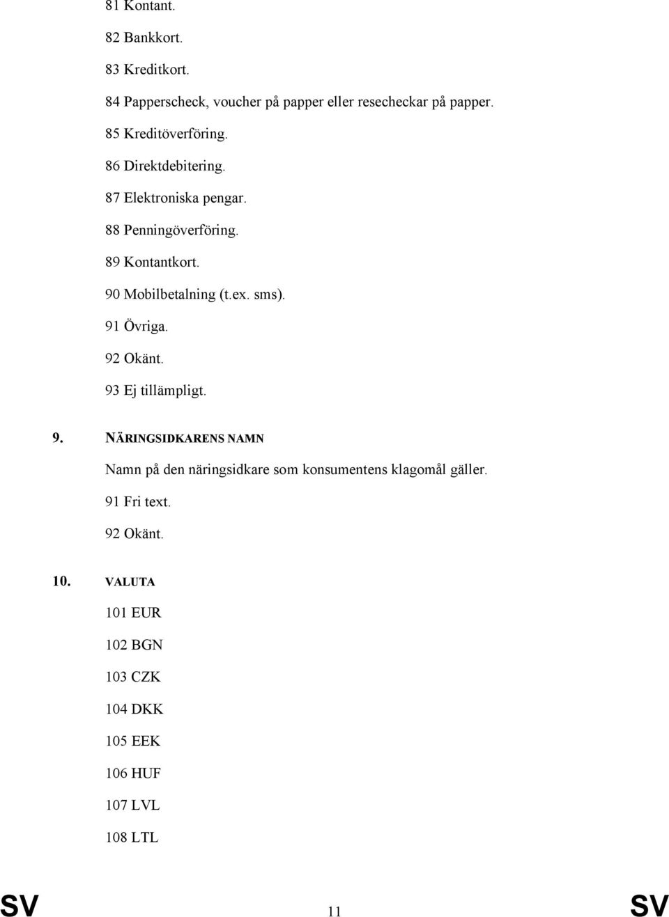 90 Mobilbetalning (t.ex. sms). 91 Övriga. 92 Okänt. 93 Ej tillämpligt. 9. NÄRINGSIDKARENS NAMN Namn på den näringsidkare som konsumentens klagomål gäller.