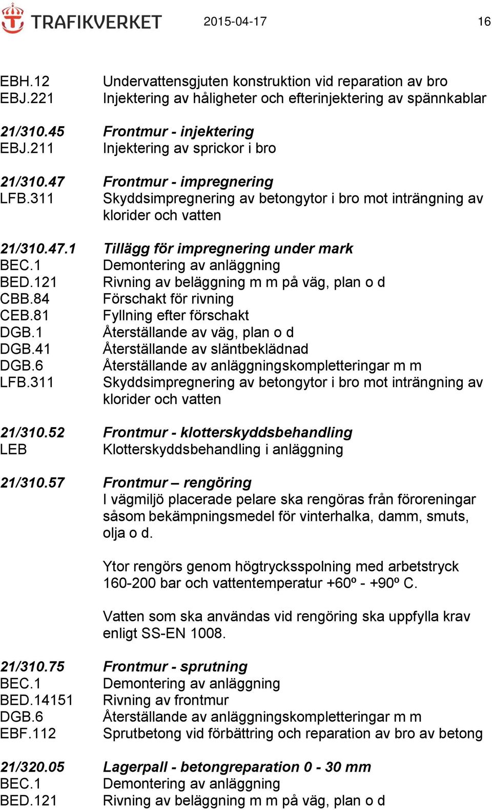 311 Skyddsimpregnering av betongytor i bro mot inträngning av klorider och vatten 21/310.52 Frontmur - klotterskyddsbehandling LEB Klotterskyddsbehandling i anläggning 21/310.