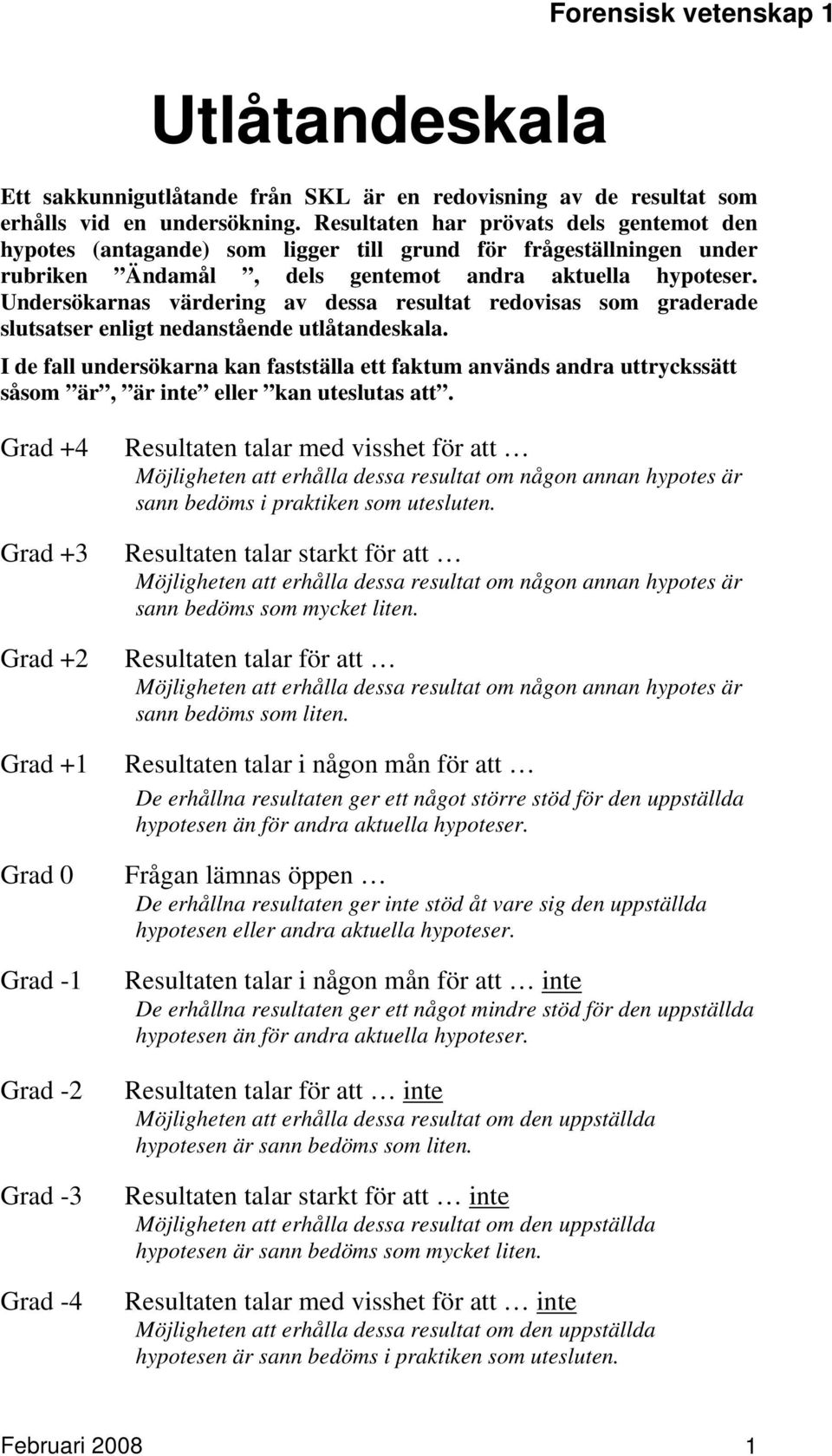 Undersökarnas värdering av dessa resultat redovisas som graderade slutsatser enligt nedanstående utlåtandeskala.