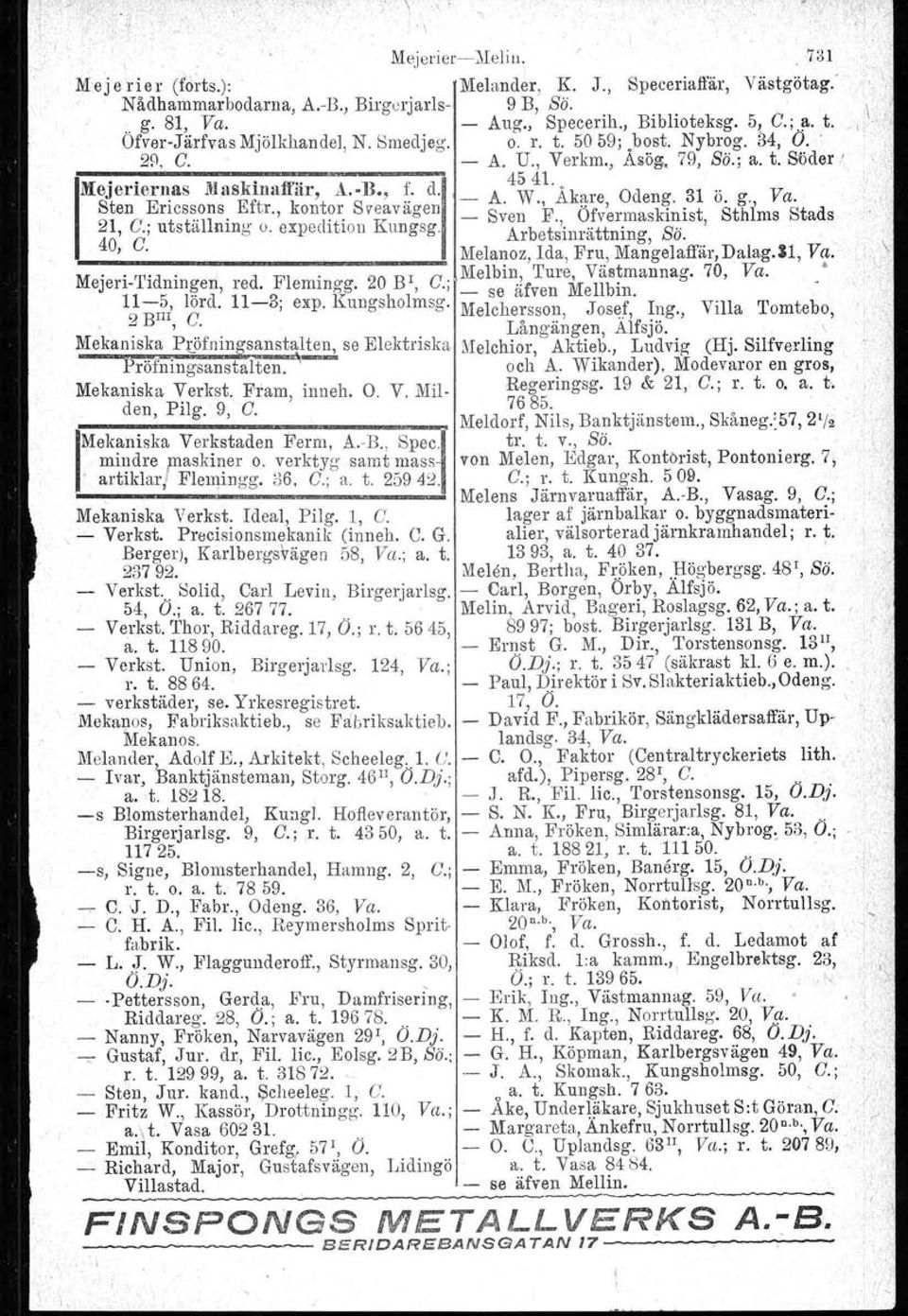 . Sten Ericssons Eftr., kontor Sveavägen - A. W., Akare, Odeng. 31 ö. g., Va. 21, C.; utställning o. expedition Kungsg. - Sven F., Ofvermaskinist, Sthlms Stads 40, C. Arbetsinrättning, Sö.