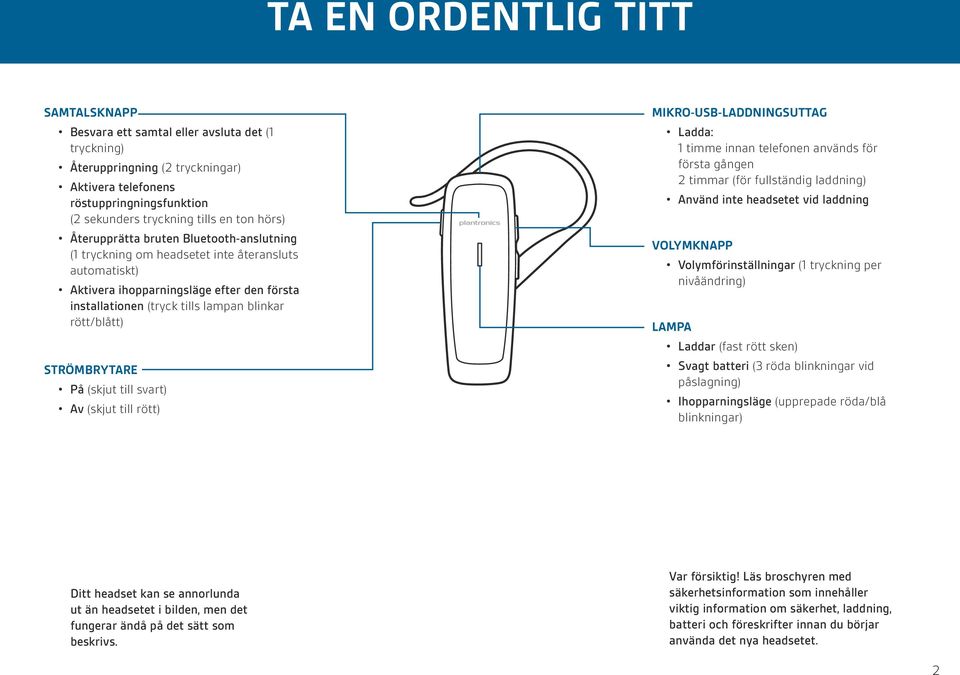 rött/blått) STRÖMBRYTARE På (skjut till svart) Av (skjut till rött) MIKRO-USB-LADDNINGSUTTAG Ladda: 1 timme innan telefonen används för första gången 2 timmar (för fullständig laddning) Använd inte