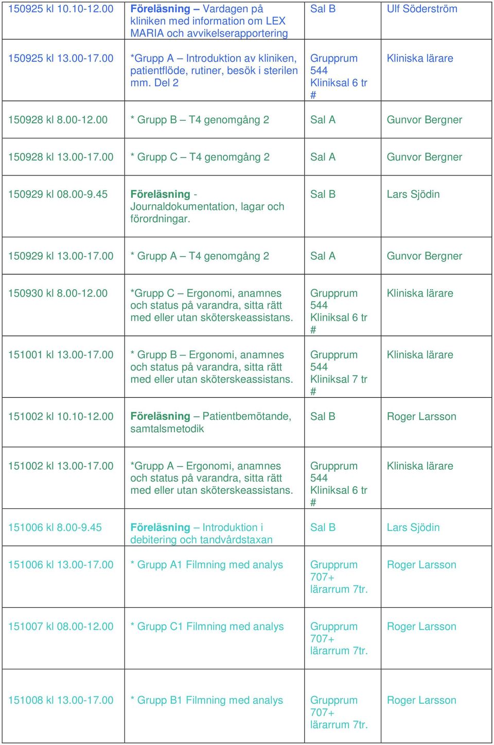 45 Föreläsning - Journaldokumentation, lagar och förordningar. Lars Sjödin 150929 kl 13.00-17.00 * Grupp A T4 genomgång 2 Sal A Gunvor Bergner 150930 kl 8.00-12.