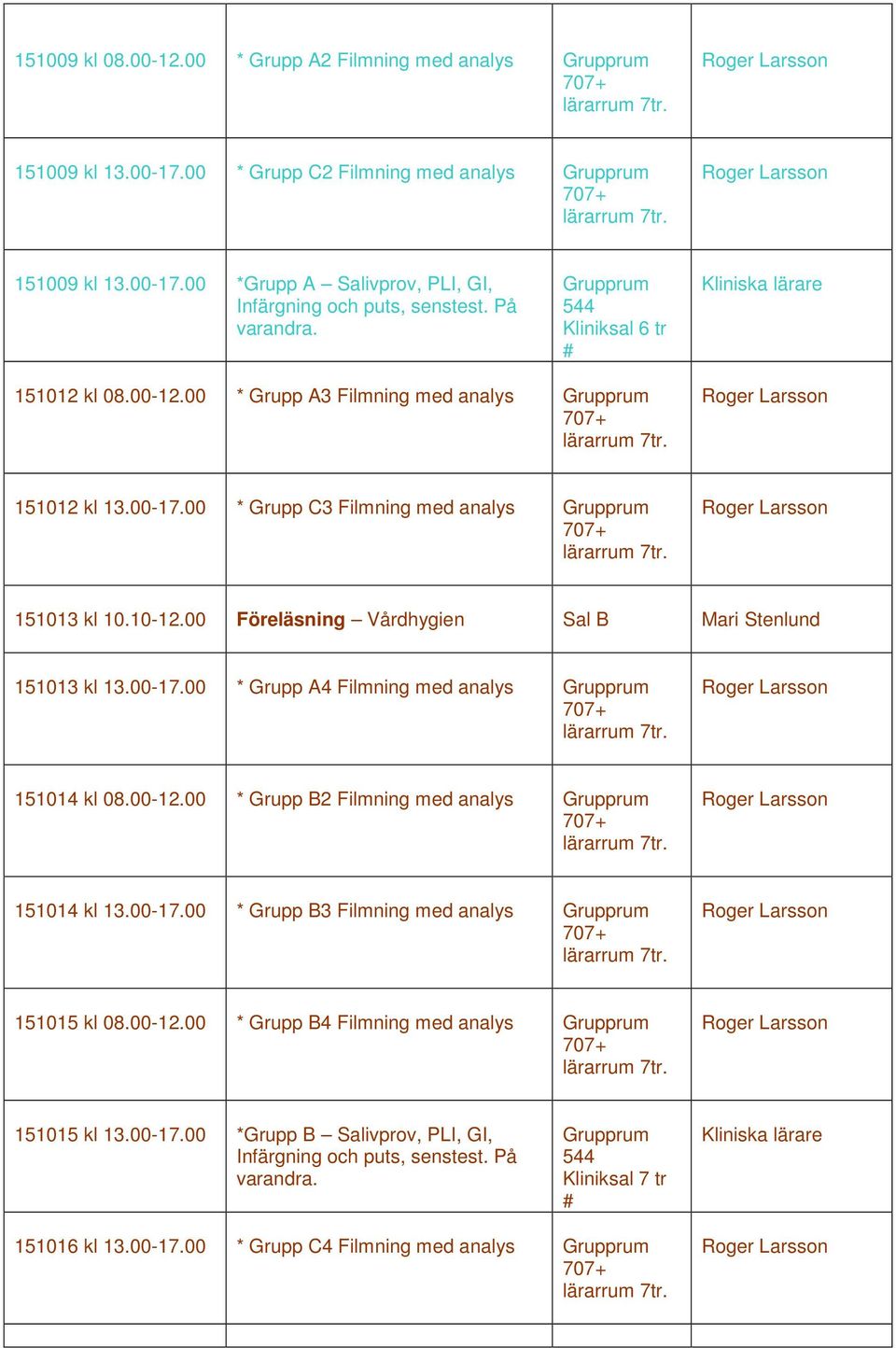 00 Föreläsning Vårdhygien Mari Stenlund 151013 kl 13.00-17.00 * Grupp A4 Filmning med analys 151014 kl 08.00-12.00 * Grupp B2 Filmning med analys 151014 kl 13.00-17.00 * Grupp B3 Filmning med analys 151015 kl 08.