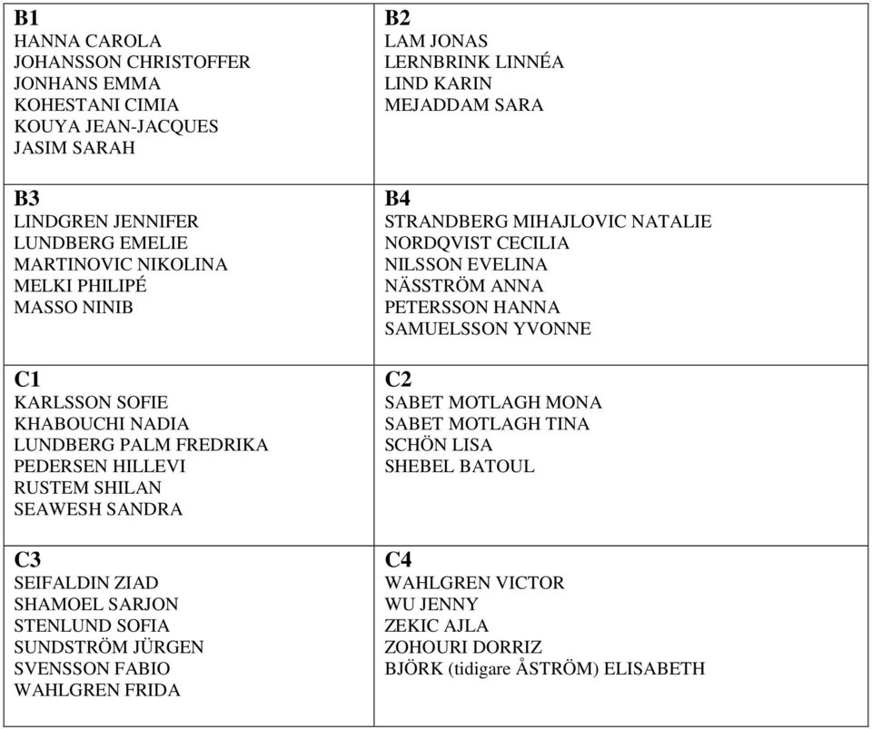 SVENSSON FABIO WAHLGREN FRIDA B2 LAM JONAS LERNBRINK LINNÉA LIND KARIN MEJADDAM SARA B4 STRANDBERG MIHAJLOVIC NATALIE NORDQVIST CECILIA NILSSON EVELINA NÄSSTRÖM ANNA PETERSSON