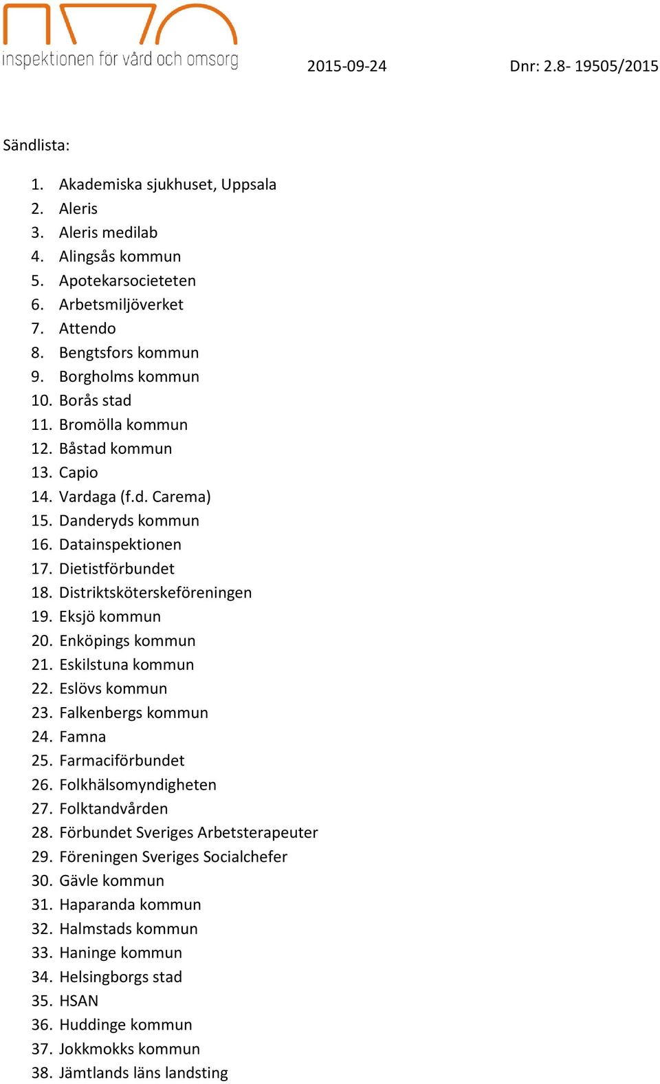 Distriktsköterskeföreningen 19. Eksjö kommun 20. Enköpings kommun 21. Eskilstuna kommun 22. Eslövs kommun 23. Falkenbergs kommun 24. Famna 25. Farmaciförbundet 26. Folkhälsomyndigheten 27.