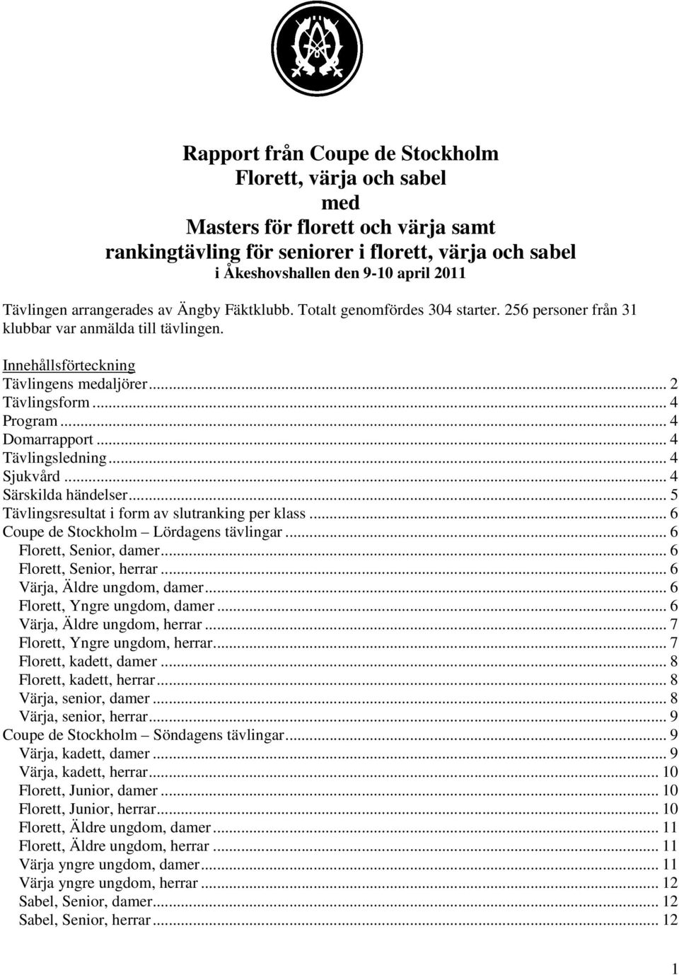 .. 4 Domarrapport... 4 Tävlingsledning... 4 Sjukvård... 4 Särskilda händelser... 5 Tävlingsresultat i form av slutranking per klass... 6 Coupe de Stockholm Lördagens tävlingar.