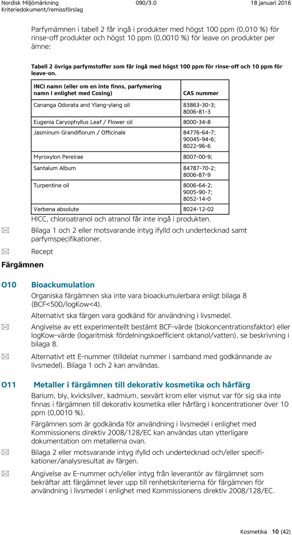 parfymstoffer som får ingå med högst 100 ppm för rinse-off och 10 ppm för leave-on.