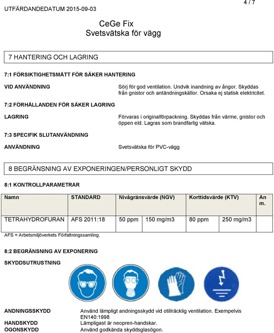 7:3 SPECIFIK SLUTANVÄNDNING ANVÄNDNING Svetsvätska för PVC-vägg 8 BEGRÄNSNING AV EXPONERINGEN/PERSONLIGT SKYDD 8:1 KONTROLLPARAMETRAR Namn STANDARD Nivågränsvärde (NGV) Korttidsvärde (KTV) An m.