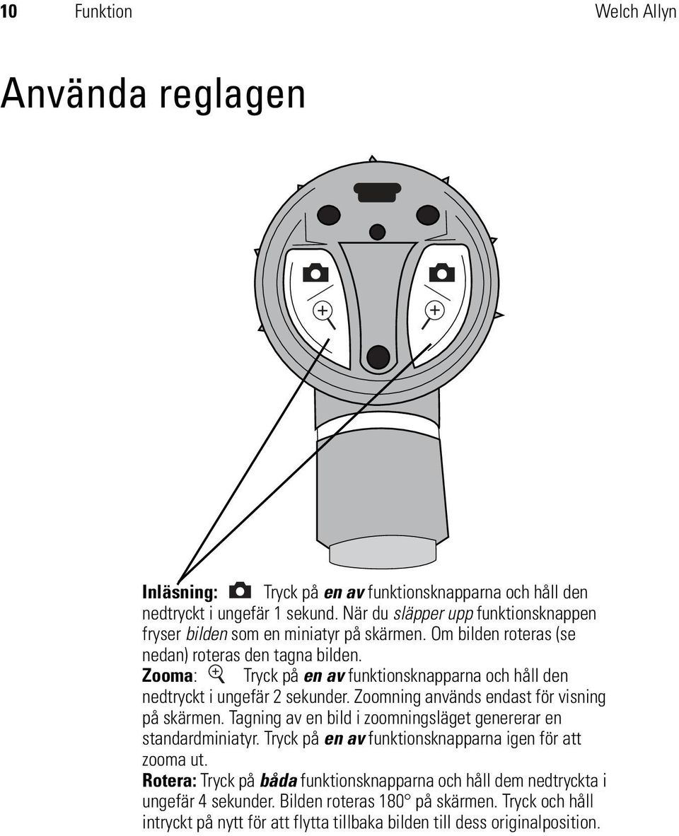 Zooma: Tryck på en av funktionsknapparna och håll den nedtryckt i ungefär 2 sekunder. Zoomning används endast för visning på skärmen.