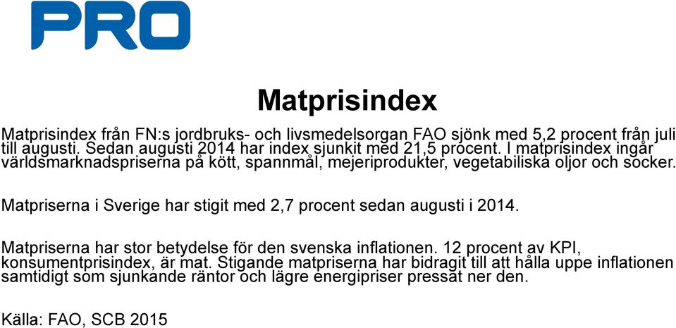 I matprisindex ingår världsmarknadspriserna på kött, spannmål, mejeriprodukter, vegetabiliska oljor och socker.