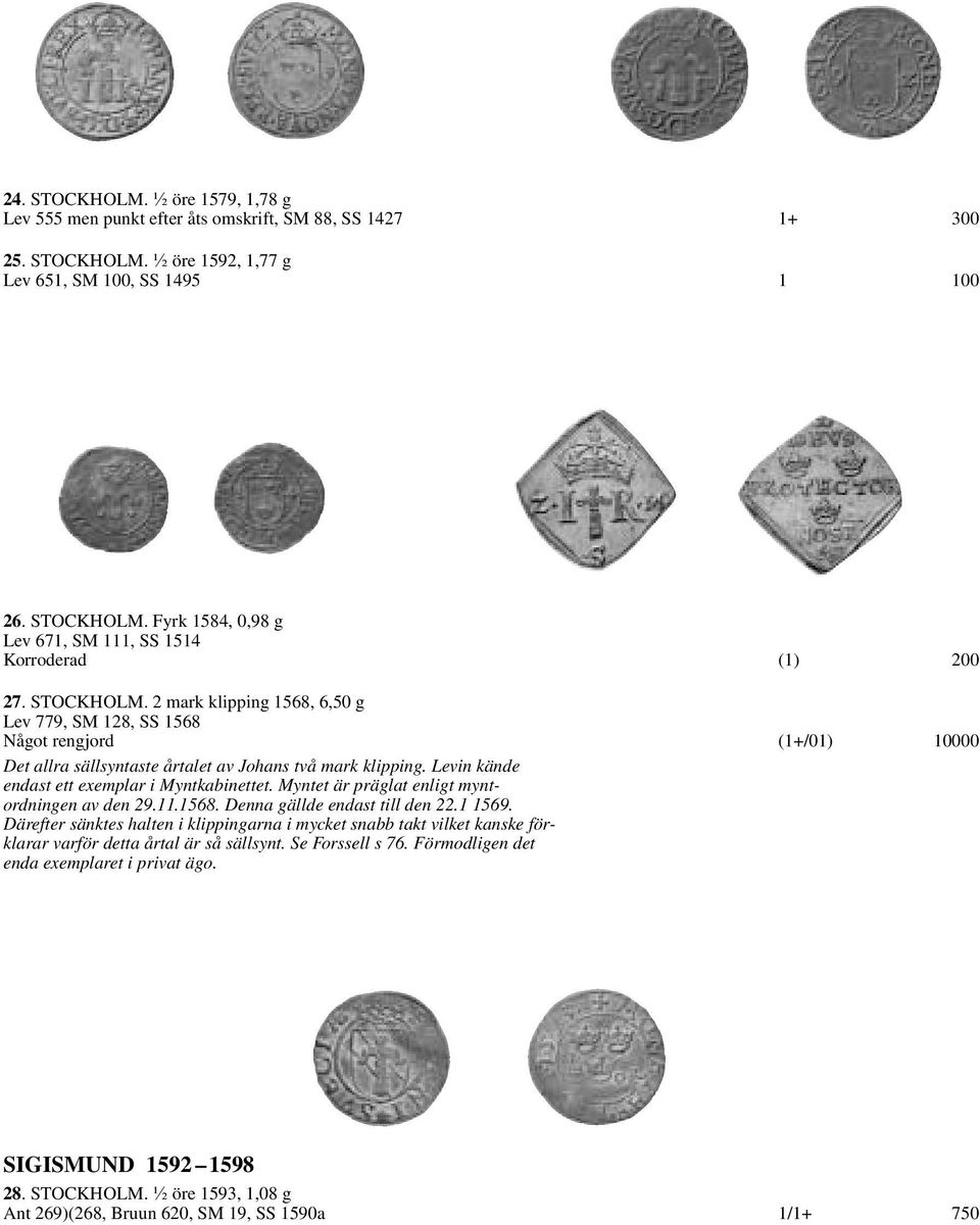 Levin kände endast ett exemplar i Myntkabinettet. Myntet är präglat enligt myntordningen av den 29.11.1568. Denna gällde endast till den 22.1 1569.