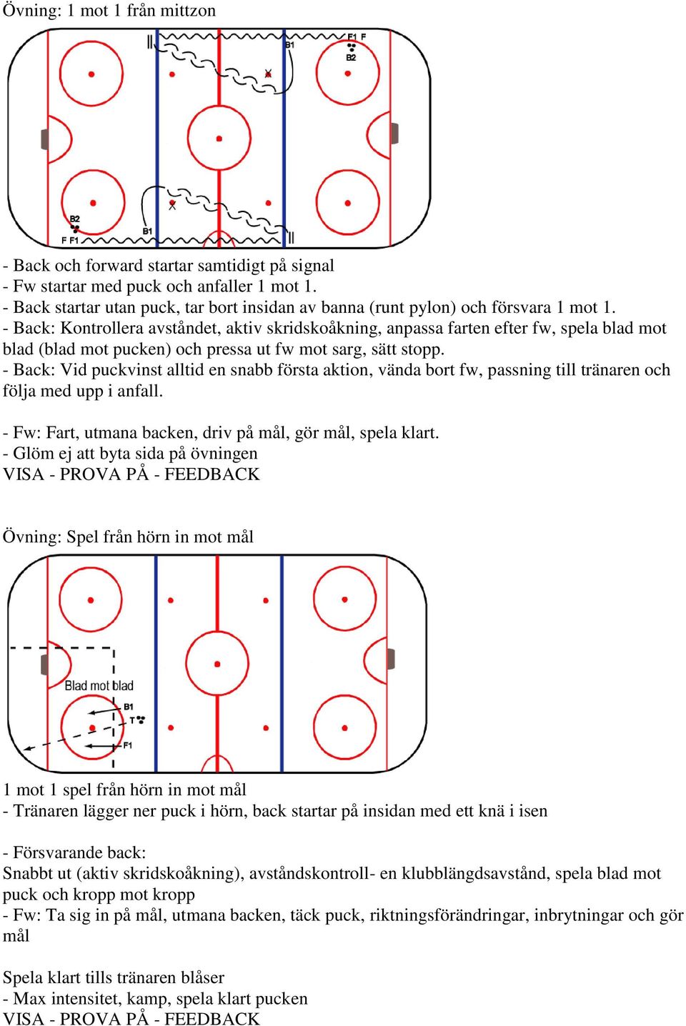 - Back: Kontrollera avståndet, aktiv skridskoåkning, anpassa farten efter fw, spela blad mot blad (blad mot pucken) och pressa ut fw mot sarg, sätt stopp.