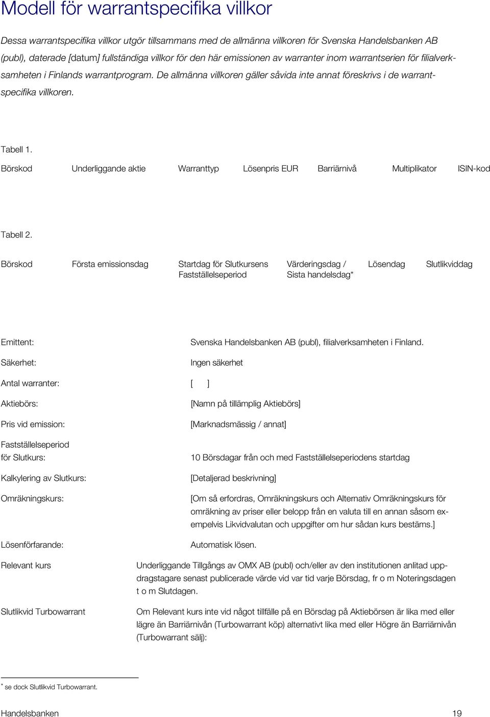 Börskod Underliggande aktie Warranttyp Lösenpris EUR Barriärnivå Multiplikator ISIN-kod Tabell 2.