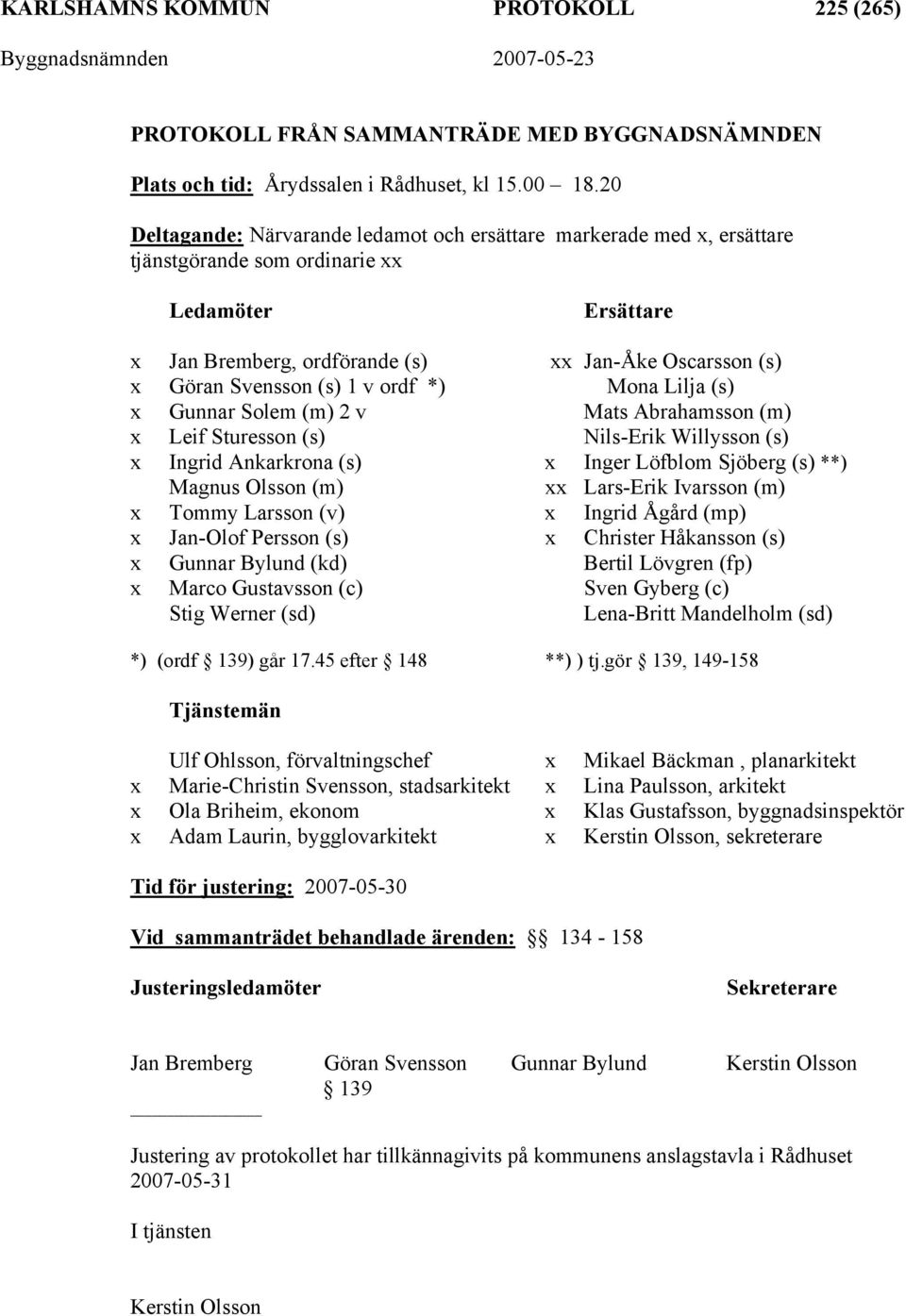 (s) 1 v ordf *) Mona Lilja (s) x Gunnar Solem (m) 2 v Mats Abrahamsson (m) x Leif Sturesson (s) Nils-Erik Willysson (s) x Ingrid Ankarkrona (s) x Inger Löfblom Sjöberg (s) **) Magnus Olsson (m) xx