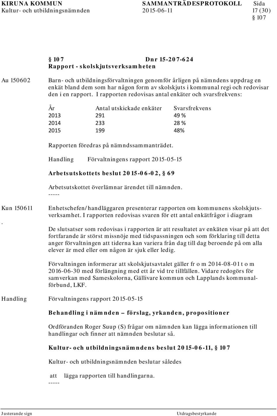 I rapporten redovisas antal enkäter och svarsfrekvens: År Antal utskickade enkäter Svarsfrekvens 2013 291 49 % 2014 233 28 % 2015 199 48% Rapporten föredras på nämndssammanträdet.