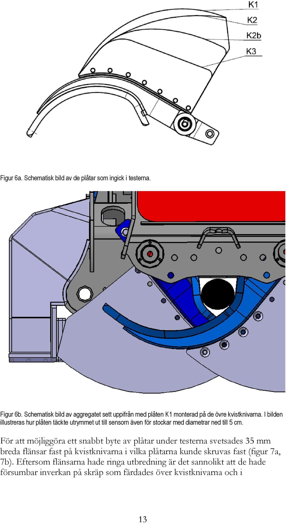 I bilden illustreras hur plåten täckte utrymmet ut till sensorn även för stockar med diametrar ned till 5 cm.