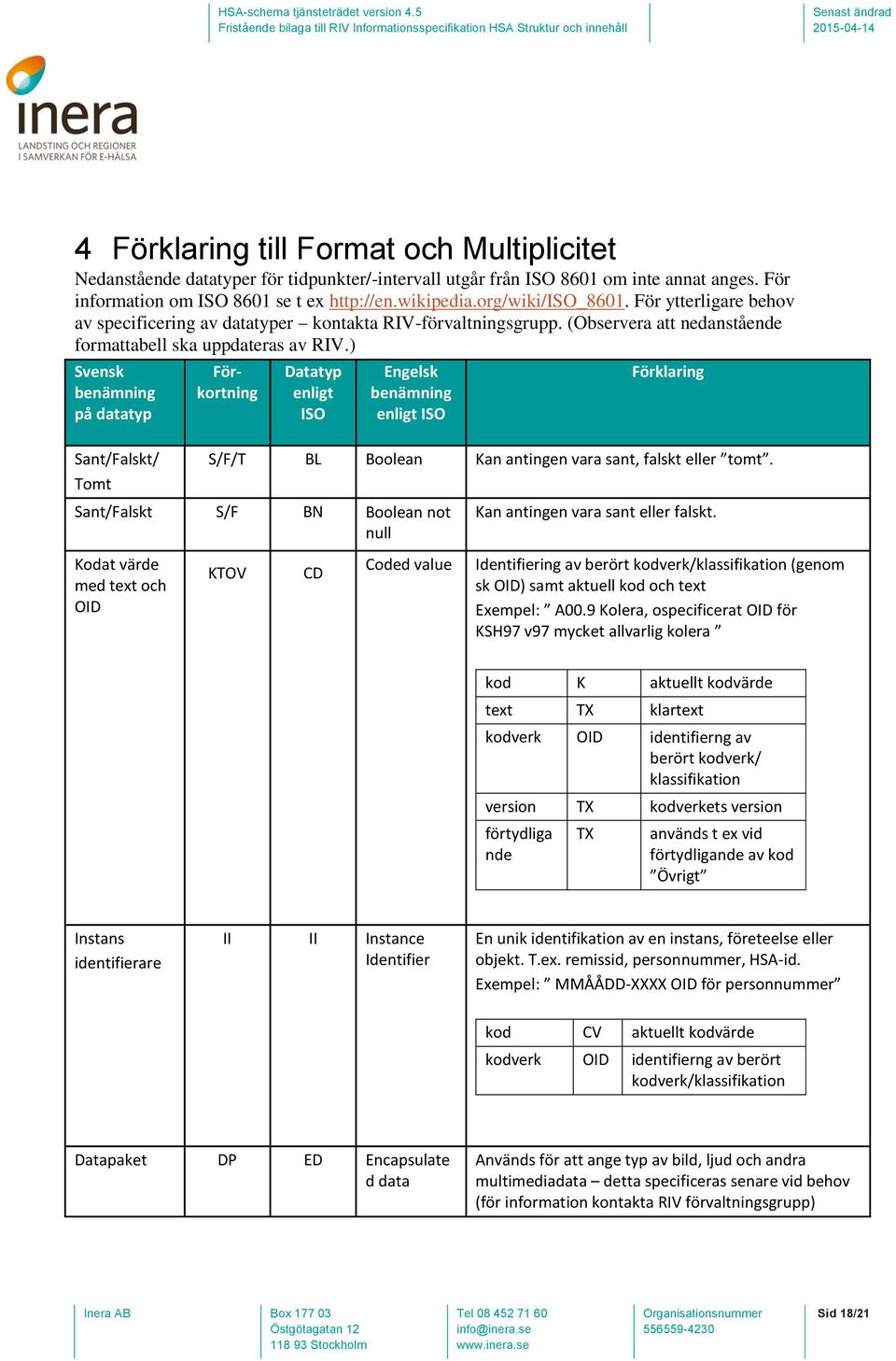 ) Svensk benämning på datatyp Sant/Falskt/ Tomt Förkortning Datatyp enligt ISO Engelsk benämning enligt ISO Förklaring S/F/T BL Boolean Kan antingen vara sant, falskt eller tomt.