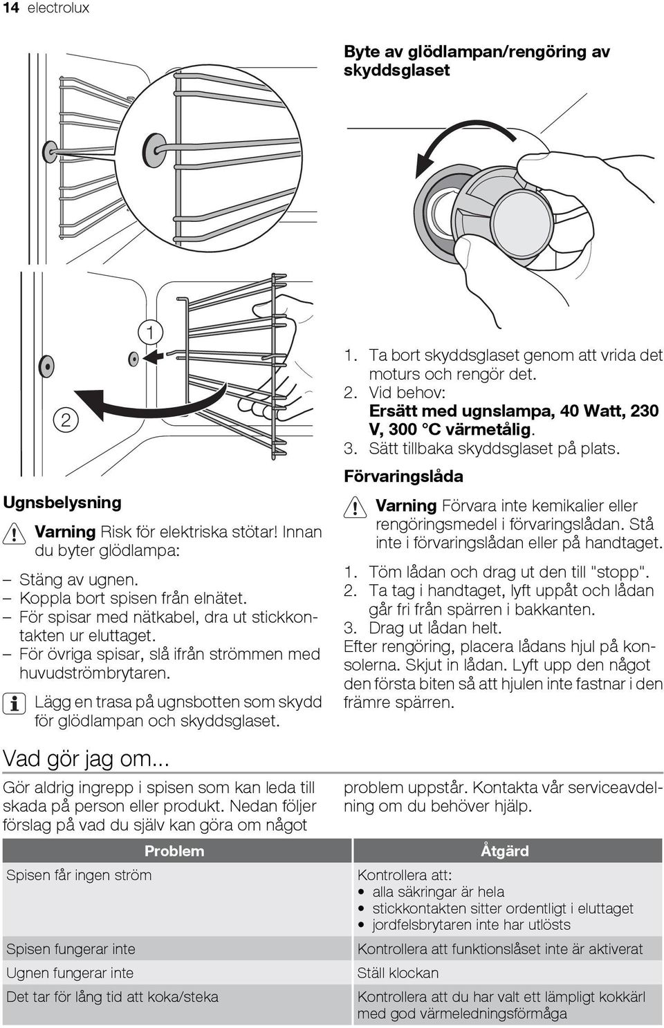 Vad gör jag om... Gör aldrig ingrepp i spisen som kan leda till skada på person eller produkt.