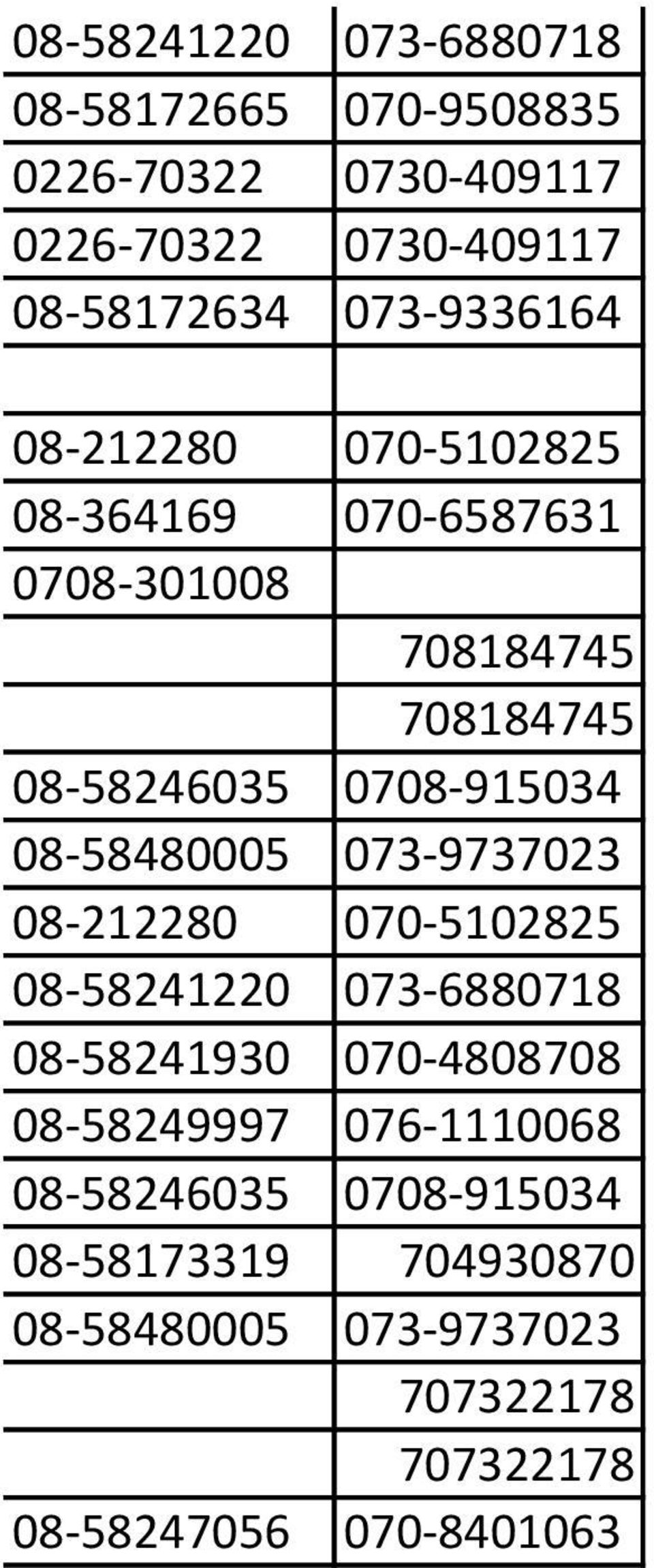 08-58480005 073-9737023 08-212280 070-5102825 08-58241220 073-6880718 08-58241930 070-4808708 08-58249997